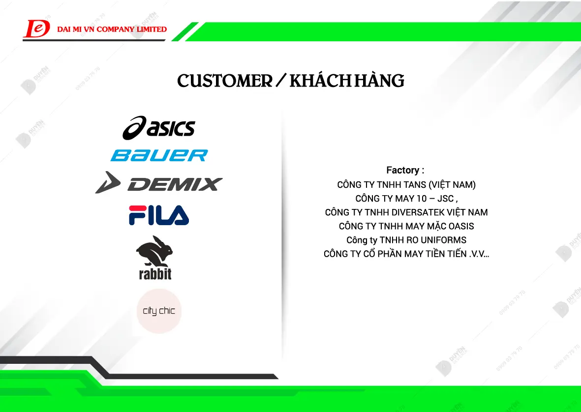 Hệ thống logo đối tác lớn như ASICS, FILA khẳng định vị thế dẫn đầu trong ngành phụ liệu